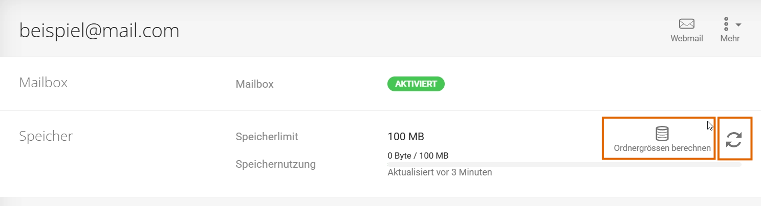 Buttons "Speichernutzung aktualisieren" (rundes Pfeilsymbol) und "Ordnergrössen berechnen"